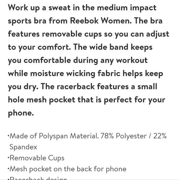 Reebok Women's Essential Sports Bra with Back Pocket and Removable Cups - Picture 5 of 8
